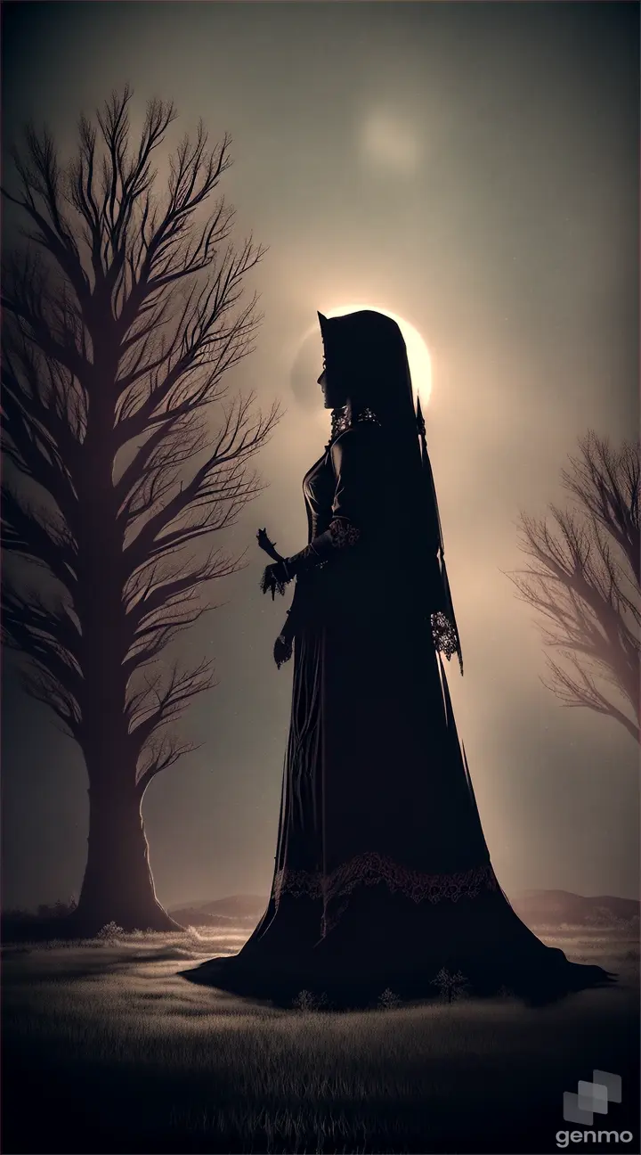 Haunting old witch silhouetted against the glow of a full moon in a dark, star-filled sky