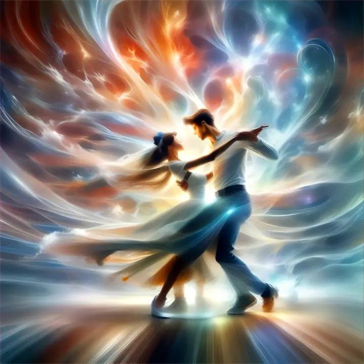 image of man and woman dancing together in a whirlwind of emotions as the setting around them transforms into an explosion of light and color