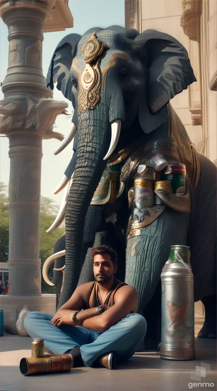 a man sitting on the floor next to an elephant made out of cans