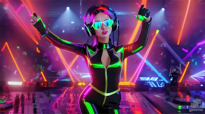 A female DJ in sunglasses, sparkling headphones and a latex jumpsuit with a large neckline, plays techno music, dances and sings a lot of people in the club. Laser beams of bright colors on the background of large television screens. 
