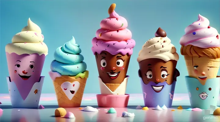 a group of ice cream cones with faces painted on them