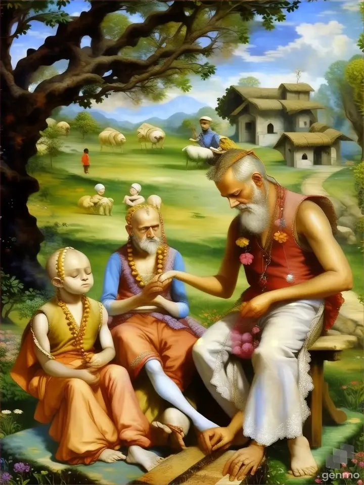 a painting of a man and two children