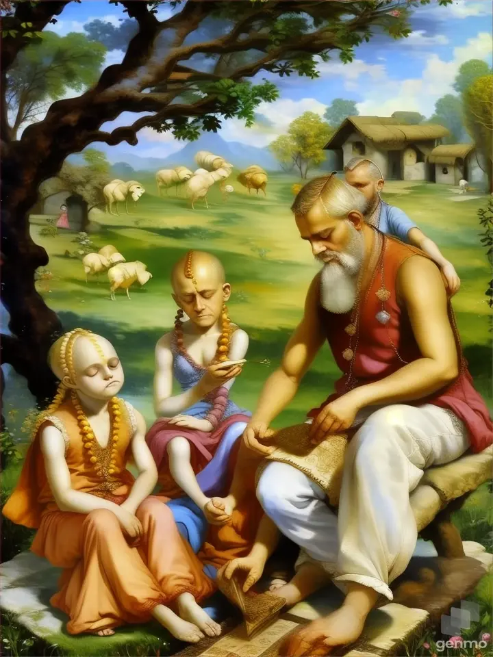 a painting of a man and two children