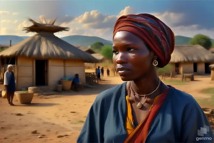 a woman standing in front of a village