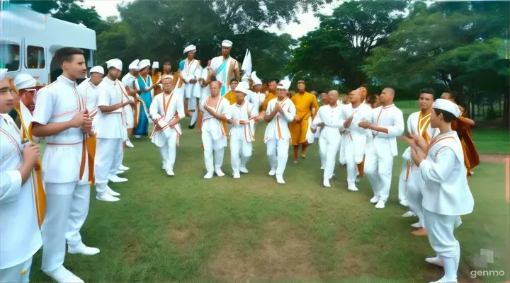 a group of young men and women in white outfits