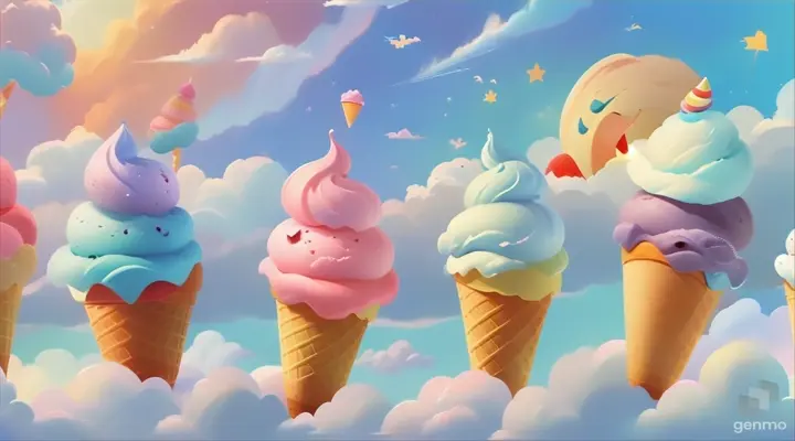 three ice cream cones sitting on top of clouds