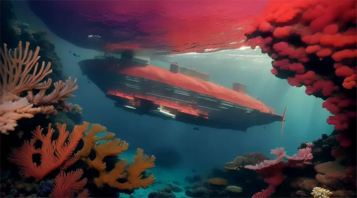 An old oil tanker sunken to the bottom of the ocean, surrounded by soft coral and marine life