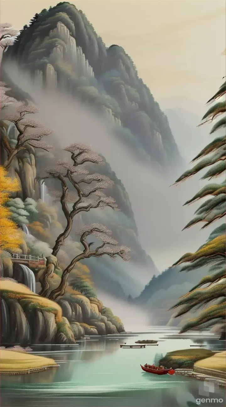 Mountainous landscape in traditional Chinese ink style, with a small boat passing through a winding river and monkeys swinging in the trees”插画，淡彩画，1080*2060