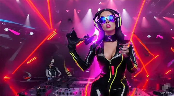 A female DJ in sunglasses, sparkling headphones and a latex jumpsuit with a large neckline, plays techno music, dances and sings a lot of people in the club. Laser beams of bright colors on the background of large television screens. 
