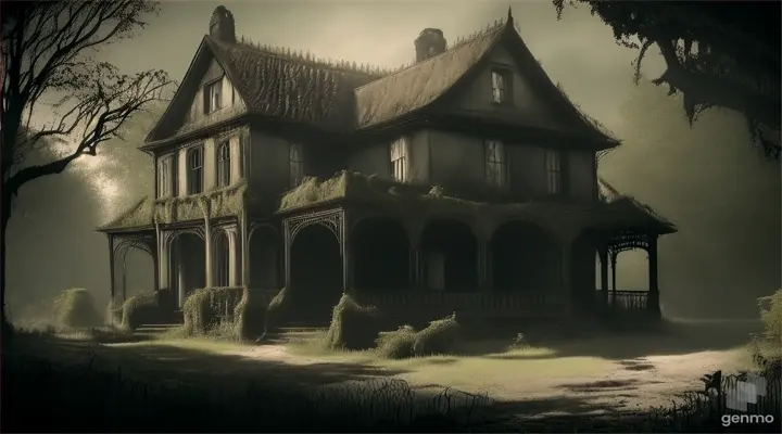 An old, eerie house with overgrown vines and a dilapidated porch. It appears dark and mysterious, with rumors of being haunted.
