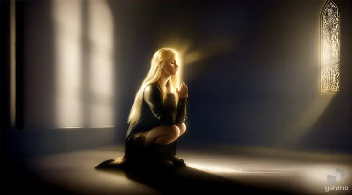 a blond girl on her knees in a dark gloomy room, praying