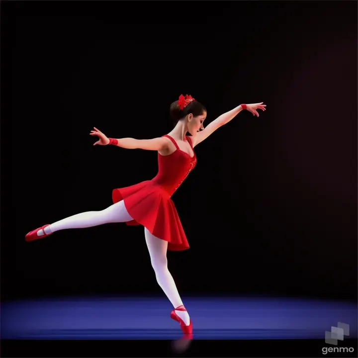 cartoon girl in a red Spanish dress. A ballerina in a Carmen costume dances the Spanish dance of castanets and makes a big jump across the stage. The ballerina has a perfect body, in the image there are only two arms and two legs. Long shot