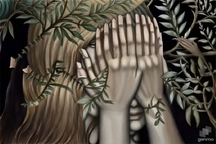 a painting of a woman covering her face with her hands