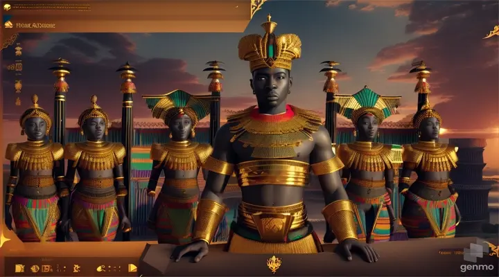 Create a vibrant visual narrative , portraying the king of the Ashanti empire, draped in luxurious kente traditional clothing in africa , with his many wives, 3d, widescreen

