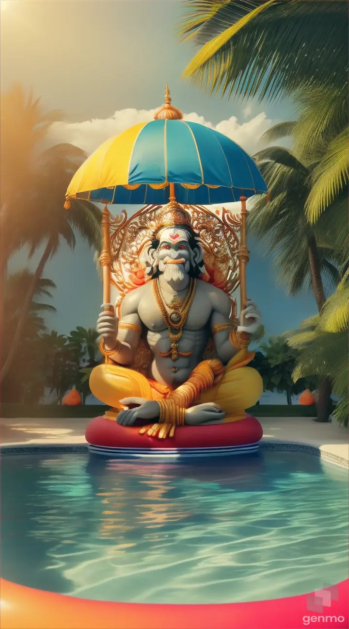 Hanuman chilling in Miami, sipping on a coconut drink with an umbrella in it, while lounging on a pool float shaped like Lord Rama's chariot.  Maybe even rocking some tiny sunglasses. 