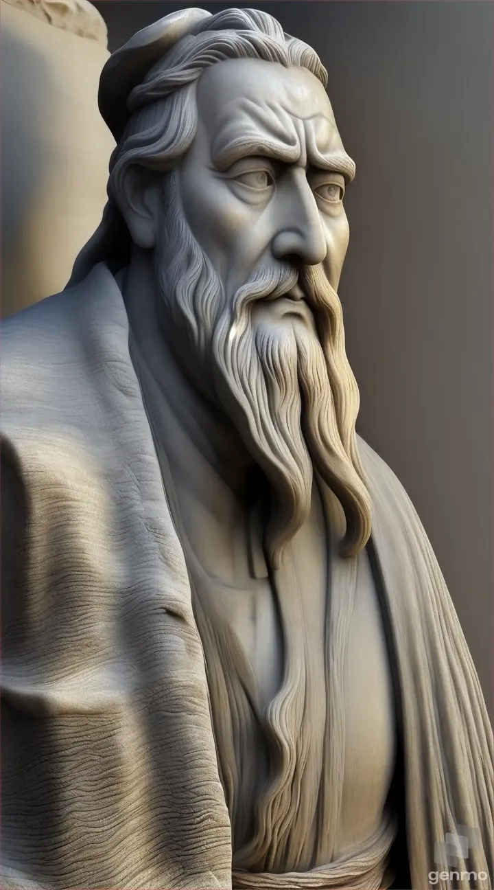 A detailed photorealistic image of a half-body statue of Confucius. The statue is made of a weathered gray stone with a rough, textured surface. Confucius has a long beard and his hair is tied back in a traditional style. His expression is stern and wise, with a hint of a knowing smile. He is wearing a flowing robe with intricate folds. The lighting is natural and emphasizes the details of the statue and the texture of the stone.