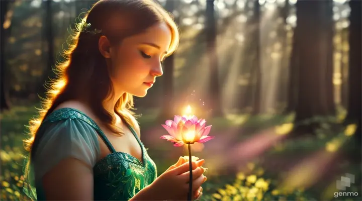 The glowing flower in the clearing: An image of Tessa discovering a glowing flower in a clearing in the forest. The flower emits a soft, enchanting light.