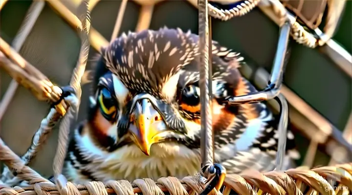 a close up of a bird in a cage and crying 