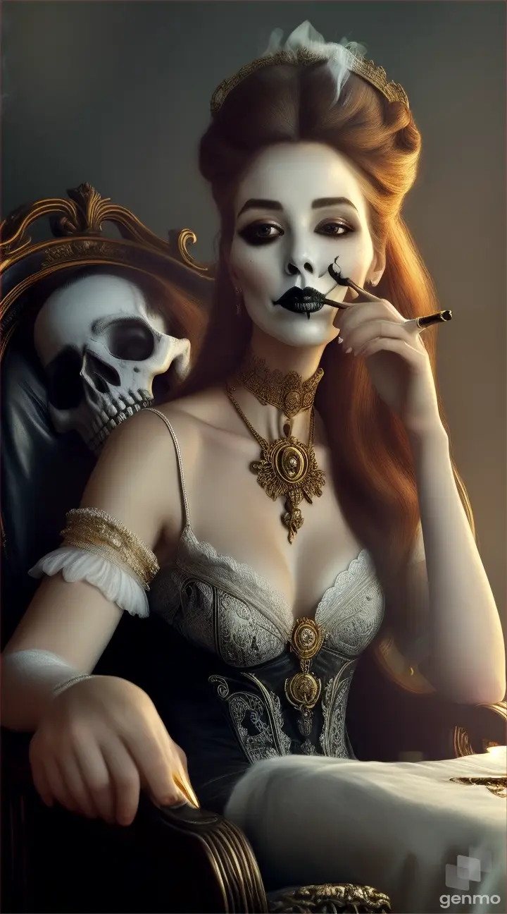 fantasy elegant beautiful woman blended with skull, smoking a cigarette and drinking chapman, sitting on the baroque chair.