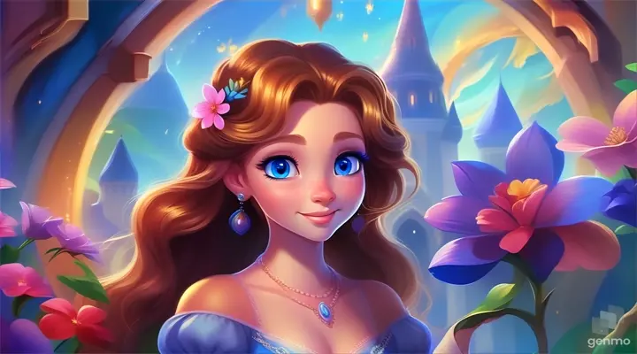 a painting of a princess with glowing blue eyes holding a flower