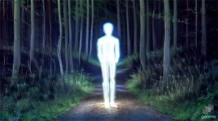 a person standing in the middle of a forest at night