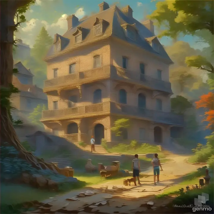 a painting of only two people walking alone in front of a house