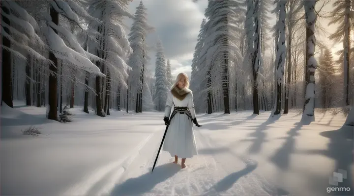 A girl with short blond hairs in white dress walks barefoot in the snow, holding a sword in her hands, full height, angry face, dark forest 16:9