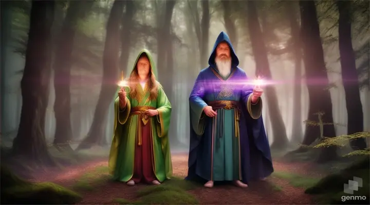 Two men in robes are standing in the forest, a magical light is coming from them, clouds are around them, 16:9