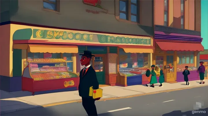 fixed prompt  create a colorful cartoon animation clear image of a 1920's grocery store with black people walking on the sid. Make faces clear please.