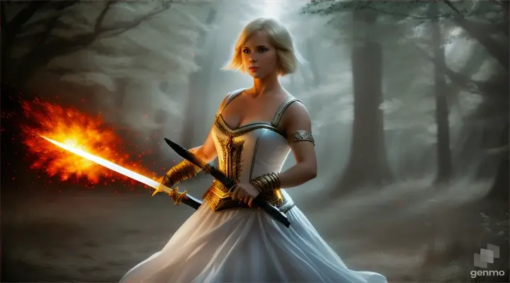 A girl with short blond hair in a white dress holds a sword tightly in her hands and with a shout belligerently rushes forward, the dark forest, fire, 16:9