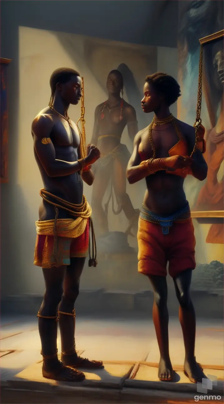 A realistic painting of slaves bound by chains