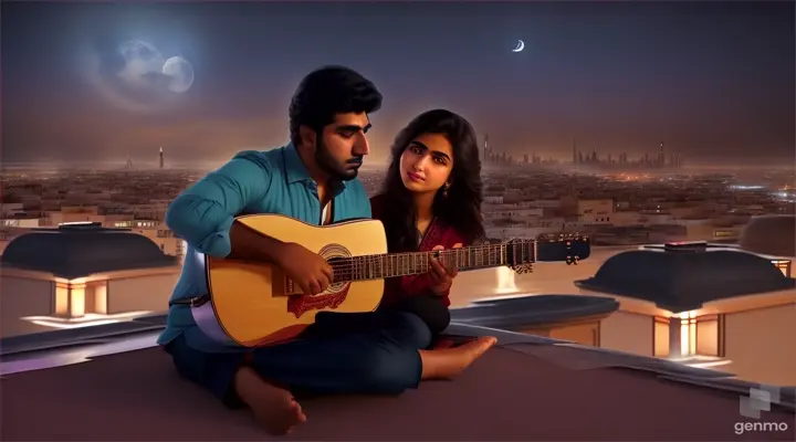 Pakistani man with his girlfriend both sitting and  man singing on a top of a beautiful home's roof, night with moon view beautiful sky, best beautiful view