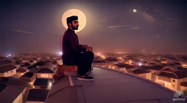 Pakistani man sitting and singing on a top of a beautiful home's roof, night with girl face like moon at sky, best beautiful view