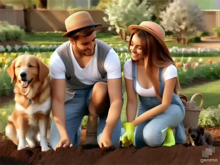 a man and a woman kneeling in the dirt with a dog