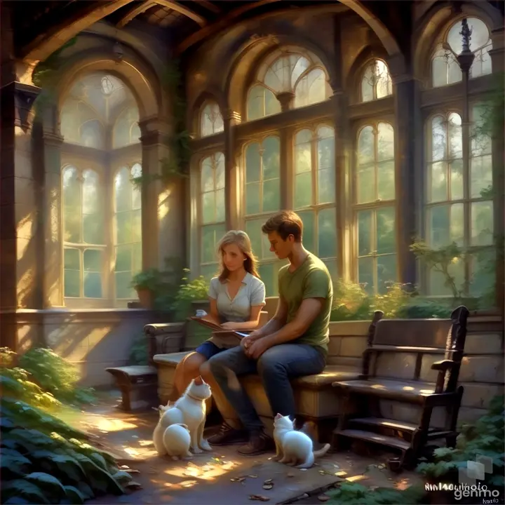 a brunette man and a woman sitting on a bench next to a cat