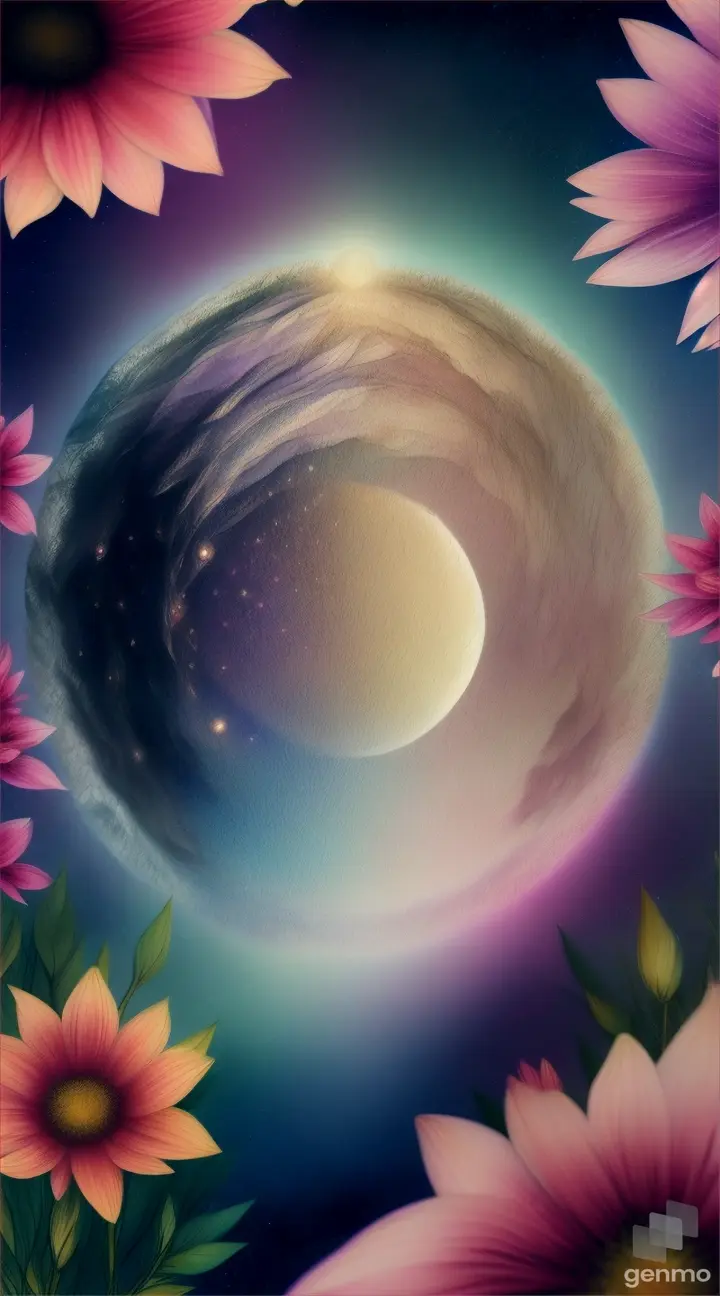 A beautiful, fantasy-inspired depiction of a full moon with flowers blooming within its round form