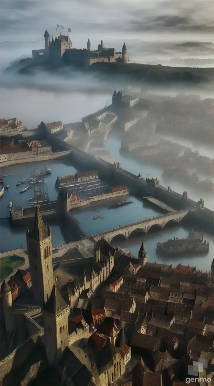 Tiny, dirty, poor, medieval port town, misty and foggy. Aerial view 