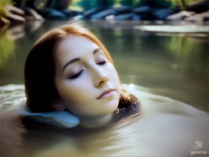 a woman slowly submerging into a river