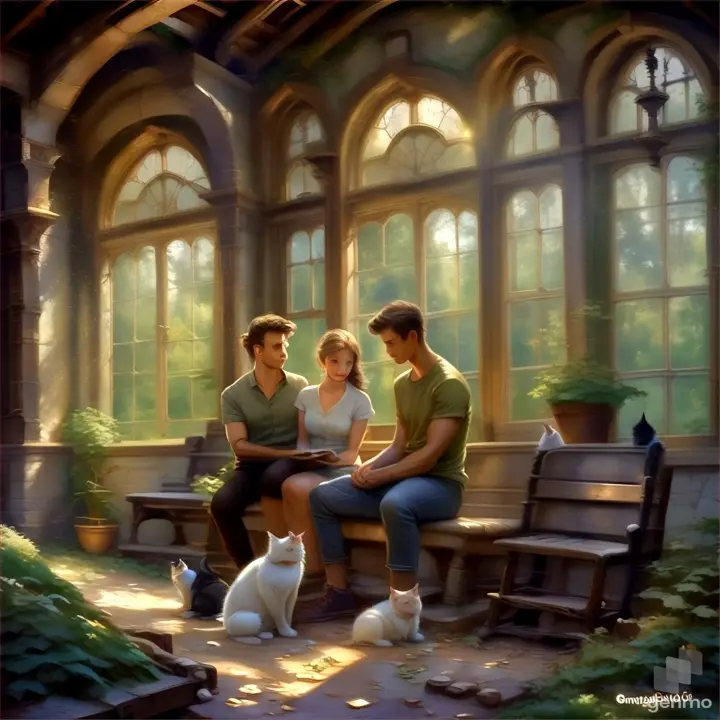 a brunette man and a woman only sitting on a bench next to a one cat only