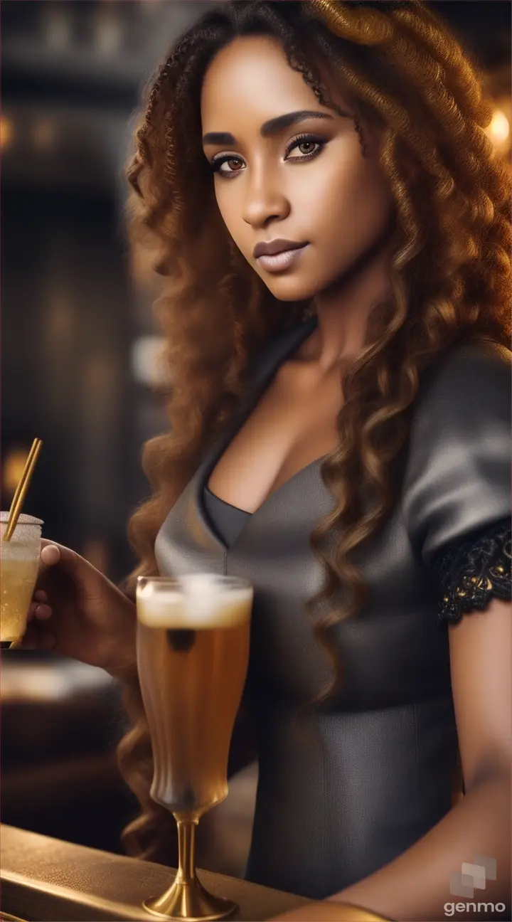 Woman bartender with golden brown skin, golden curly hair, and golden brown eyes, with grey dress in medieval bar serving drinks 