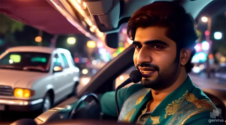 a Pakistani man in car and he is singing (no Microphone ) at night time in beautiful town ,front full view