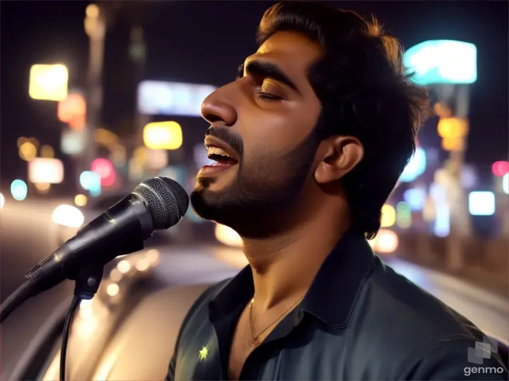 a Pakistani man in car and he is singing (no Microphone ) at night time in beautiful town ,front full view