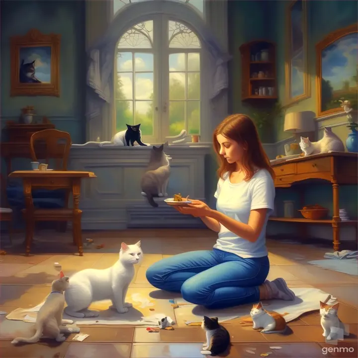 a painting of a woman sitting on the floor with food in her hand and one cat on the floor  only zoom out