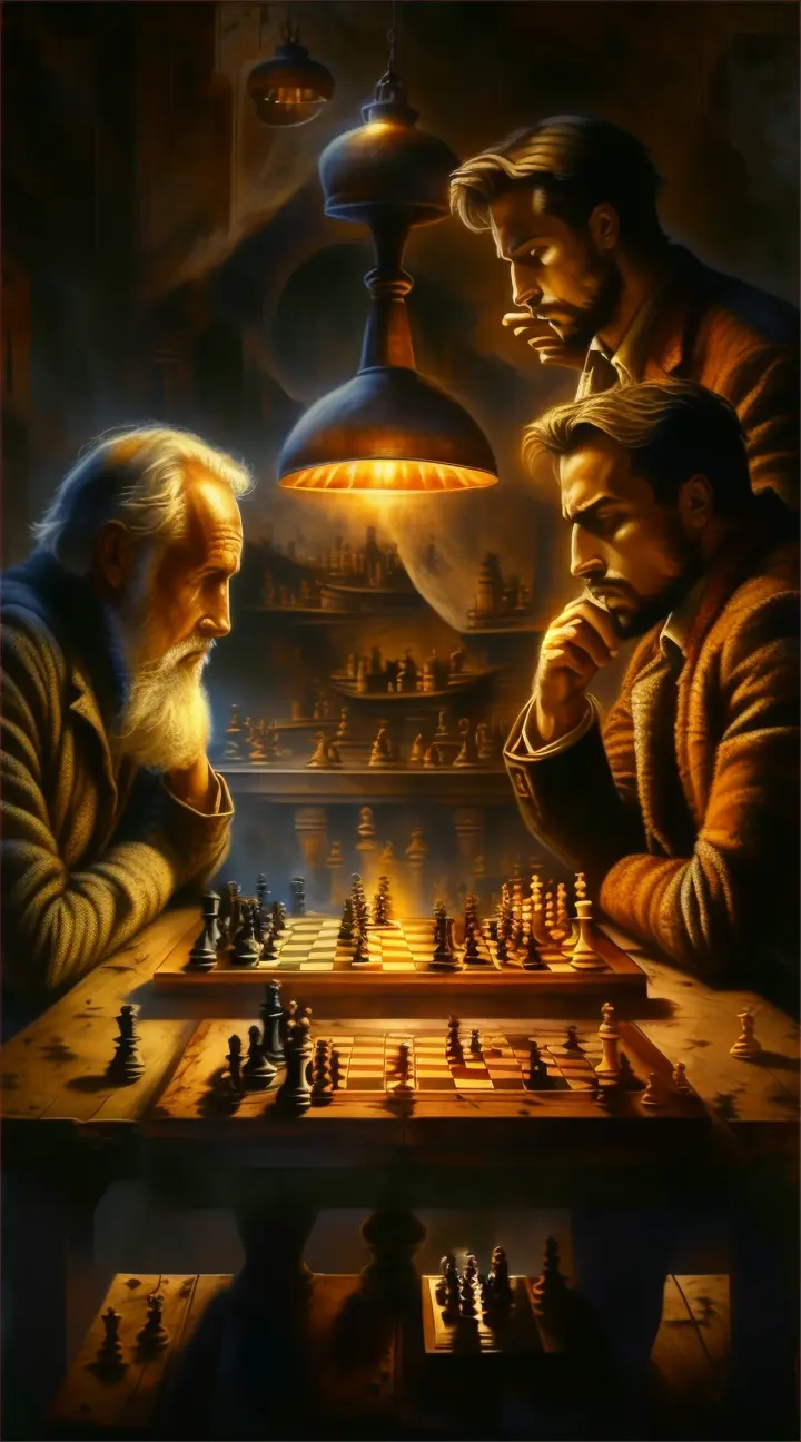 two men playing chess in a dark room