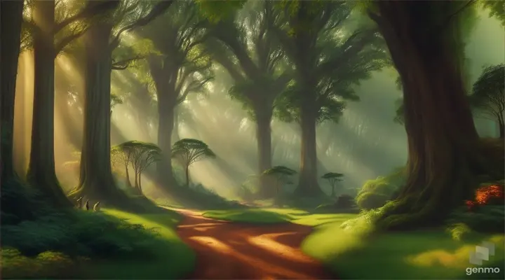 The first image shows a dense, lush green forest with tall trees towering over the landscape. Sunlight filters through the canopy, casting dappled shadows on the forest floor. Birds chirp and flutter among the branches, while small animals like rabbits and squirrels scurry about.