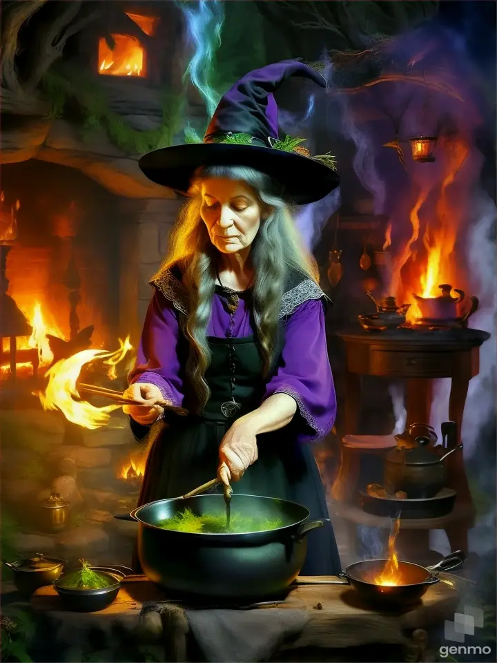 A witch stirring a pot over a fire in the middle of an enchanted forest, with magical creatures watching her from the shadows
