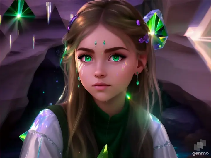 A girl with green eyes sitting behind a crystal-like cave wall, light refracting through water droplets and casting prismatic shadows on her face