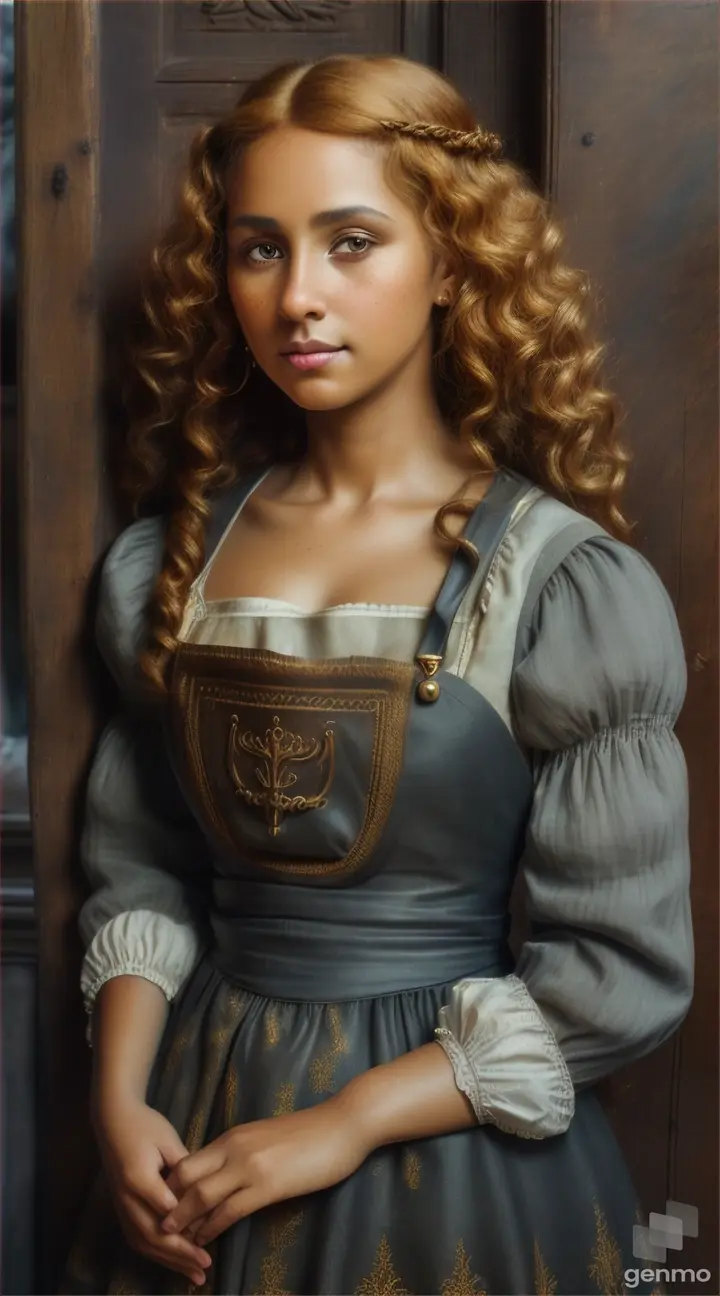 Woman with golden brown skin, golden curly hair, and golden brown eyes, with a dirty grey dress and apron opening a medieval door and holding a big trash bag 