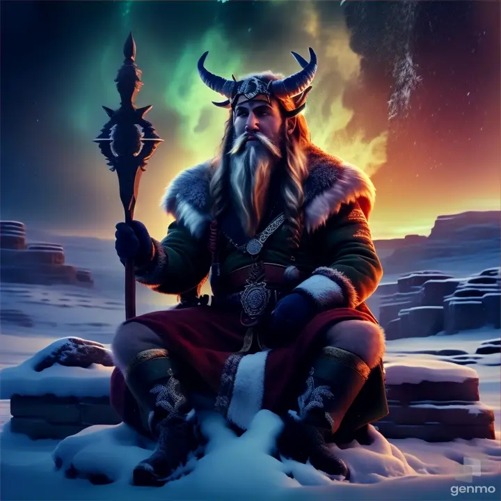 a man with a horned head sitting in the snow