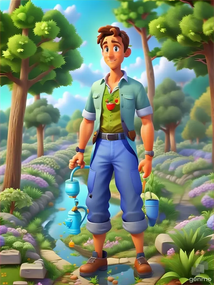 a man standing in front of a forest holding a watering can